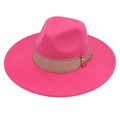 Close-up of fuchsia wool fedora hat featuring a beige leather belt with silver buckle - Rose Red