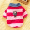 Cozy red and pink striped dog hoodie with blue denim collar and cartoon bear pocket - M / Hot Rose Pink Stripe
