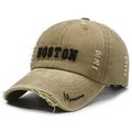 Distressed khaki cotton baseball cap with Boston embroidery and vintage torn details - Adjustable / Khaki