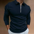 Detail of navy blue ribbed knit polo shirt featuring a half-zip neckline and stand collar - Navy Blue
