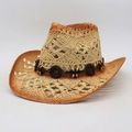 Hollow out straw cowboy hat with ethnic beaded band and gradient brim for summer travel - Dark Coffee Circle Decor / Beige Brown