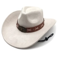 Detail of faux suede cowboy hat featuring a leather band and bull skull metal buckle - M (56-58cm) / Beige