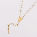 Golden stainless steel rosary necklace with white pearls, saint medal and cross pendant - White Pearl Style (Style 2)