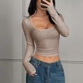Y2K sexy beige ribbed knit long sleeve crop top with U-neckline for women - XS / Sakura Pink
