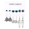 6-pair Halloween earring set with spider, bat, and skeleton charms on card - Spiderweb Bat Skull Combination Style (G-274)