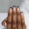 Glossy black French tip press on nails in square shape on a natural nude base - Black French Style-Glue Type(FS-35)