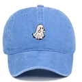 Close-up of ghost embroidery and washed cotton twill fabric on blue baseball cap - Light Blue