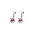 Detailed macro view of U-shaped silver earring with round red gemstone and clear zircon - Red