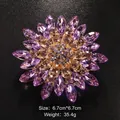 Sunflower brooch with purple water-drop crystals on golden base, 6.7cm diameter - Purple