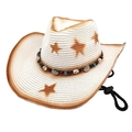 Foldable western cowboy straw hat with star print and ethnic bead band for sun protection - M (56-58cm) / Pure White