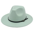 Detail of mint green fedora wool hat with black leather belt and gold metal buckle - Mint Green (Small Black Leather Belt)