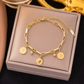 18K gold plated double layer blade chain bracelet featuring Elizabeth II coin charms - Queen Portrait Coin (E66) Gold