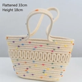 Detail of woven straw bag showing dimensions of 33cm width and 18cm height with colorful dots - Small / Beige Colorful Dots