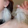 Detailed view of silver crystal tassel earrings with soft white feather accents - Rhinestone Feather Tassel Style