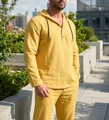 Macro view of mustard yellow linen texture and buttoned neckline of men's hooded loungewear - S / Earthy Yellow