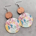 Detail of bohemian round earrings with hand-painted cork pattern and dark brown wood - Dark Blue Art Graffiti