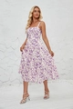Close-up detail of white and purple floral print on the French style slit sundress - White with Purple Small Floral