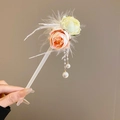 Elegant tulip hair stick with pink fabric flower, white feathers and pearl tassels - Feather Flower (34#) / Pink and Green