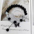 Elegant beaded bracelet with black and white ice-crack pearls and a butterfly charm - S055-black Burst Floral Butterfly Beaded Bracelet #sz457