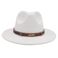 Close-up of white wool fedora hat with bohemian woven band and golden feather charm - White
