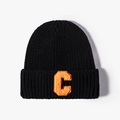Black knitted beanie hat with orange towel-embroidered C-letter patch detail - One Size / Black