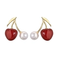 Detail of elegant cherry earrings with red enamel fruit and white shell pearls - Gold Red Cherry