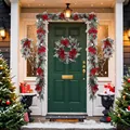 Set decorativo natalizio da 4 pezzi con fiori rossi e ghirlande di pino innevate - Set Grande (Taglia L)