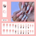 Long coffin press-on nails set with pink gradient, white floral art and marble design - National Essence Amber Style (W163)