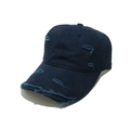 Close-up of distressed indigo denim baseball cap with vintage worn holes and frayed edges - M (56-58cm) / Navy Blue