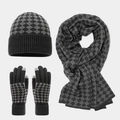Detail showing the thick diamond pattern knit texture of winter scarf, hat and gloves set - Gray
