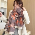 Elegant cashmere-like scarf with vintage carriage print and tassels in orange and brown - Carriage Years-Coffee