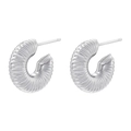 Macro detail of silver C-shaped croissant earrings with textured spiral ridges and push-back pins - Silver Threaded