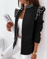 Detail of ruffle collar jacket featuring white pearl and stud embellishments on shoulders - S / Black Beaded