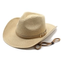 Men's khaki straw sun hat with leather strap and adjustable wind rope for outdoor beach - M(56-58cm) / Beige
