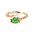 Golden open ring with green water-drop stone, white pearl, and micro-inlaid zircons - Emerald Pearl Style