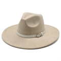 Detail of beige suede wide-brim fedora hat with white leather strap and silver buckle - M(56-59CM) / Light Camel (Suede)