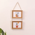 Double hanging wooden photo frames with hemp rope and minimalist botanical prints - 5 Inch / 2-Link Horizontal / Yellow Wood Grain Stone