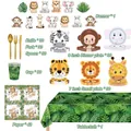 Jungle safari animal party set with tiger and lion plates plus tropical palm leaf tablecloth - Jungle Safari Party Deluxe Set
