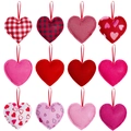 Set of 12 heart-shaped plush ornaments in red and white patterns for festive decoration - Heart Style