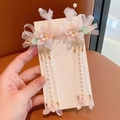 Pink floral hair clip with long pearl tassels and silk ribbons for traditional outfits - Danshifendai Pink Flower