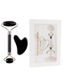 Black obsidian facial roller and heart gua sha set with gift box in rose gold finish - 2-Piece Resin Roller Black + Gift Box