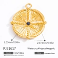 Golden stainless steel round pendant with radial texture and blue gemstone inlay - Blue Gemstone Sun Relief Style (PJ91617)