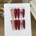 Handmade press-on nails in burgundy and pale pink with heart rhinestones and crystals - Berry Bubble (Red Nude Heart Diamond)