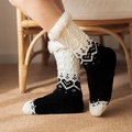 Winter thermal knit floor socks in black and white Nordic pattern with white faux fur trim - Chenille Heart Black