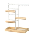 White metal jewelry stand with natural wood base for necklace and earring storage - 3-Axis / White