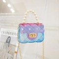 Mini gradient pink jelly crossbody bag with pearl handle and diamond lattice pattern - Blue