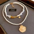 Double-layer pearl necklace with golden shell pendants in a luxury display tray - Gold-White-Yellow Shell (81#)