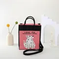 Pink and black knit tote bag with dog pattern and Love Me Love My Dog text on display - Black & Pink {Dalmatian}
