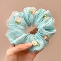 Light blue organza scrunchie with delicate fabric rose flowers and green leaves - Blue Flower Mesh Scrunchie