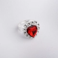 Silver alloy adjustable ring with a large red heart crystal and small clear gemstones - Single Ring / Red